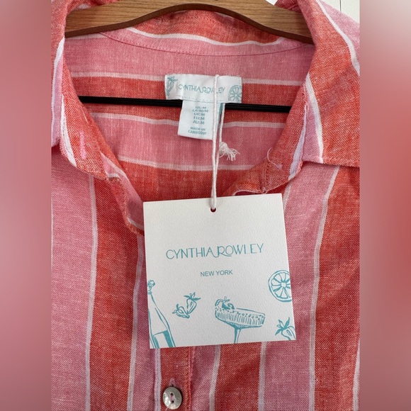 Cynthia Rowley Linen Striped Coral/Pink Button Down Tunic Cover-up Dress - Picture 2 of 6